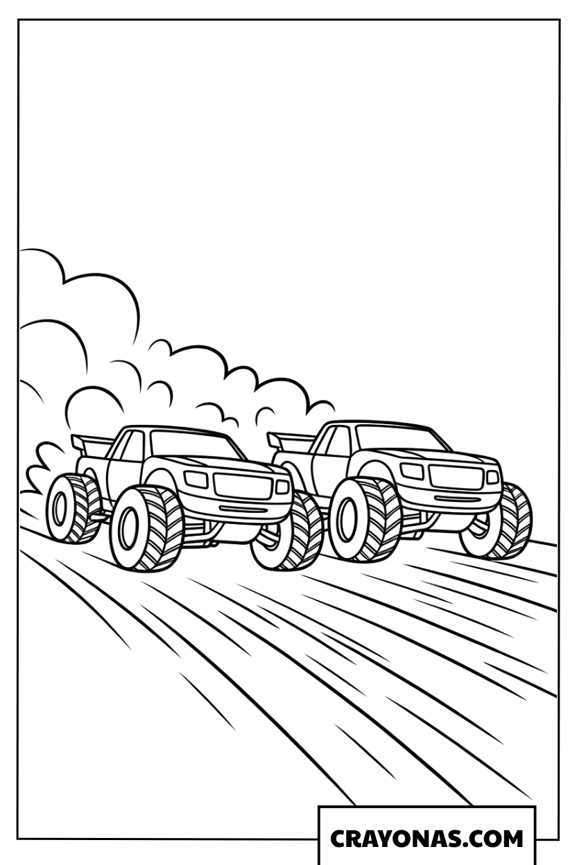 Ausmalbild zwei Monster Trucks beim Wettrennen