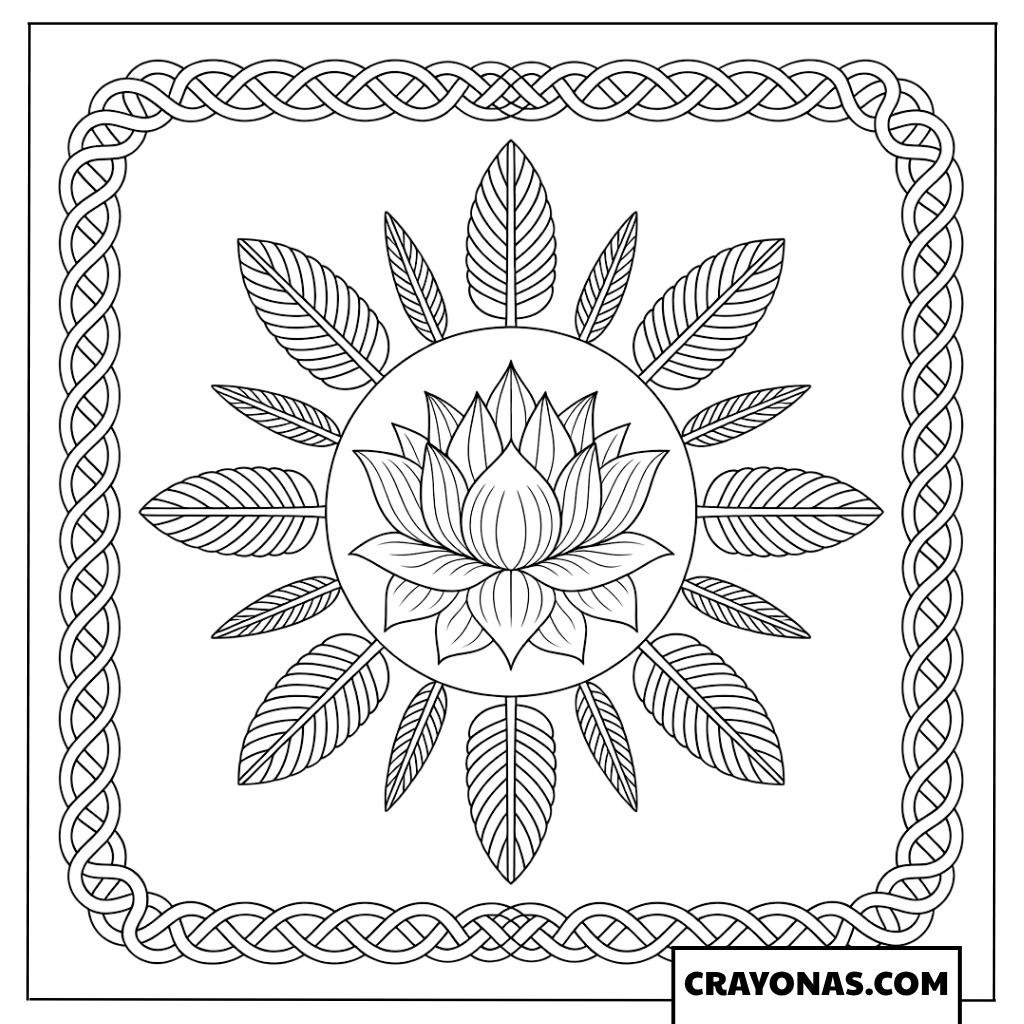 Ausmalbilder Mandala mit Lotusblüte und keltischem Knotenrahmen