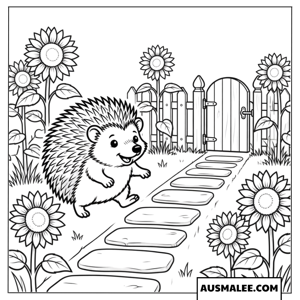 Igel auf dem Weg zum Gartentor voller Sonnenblumen