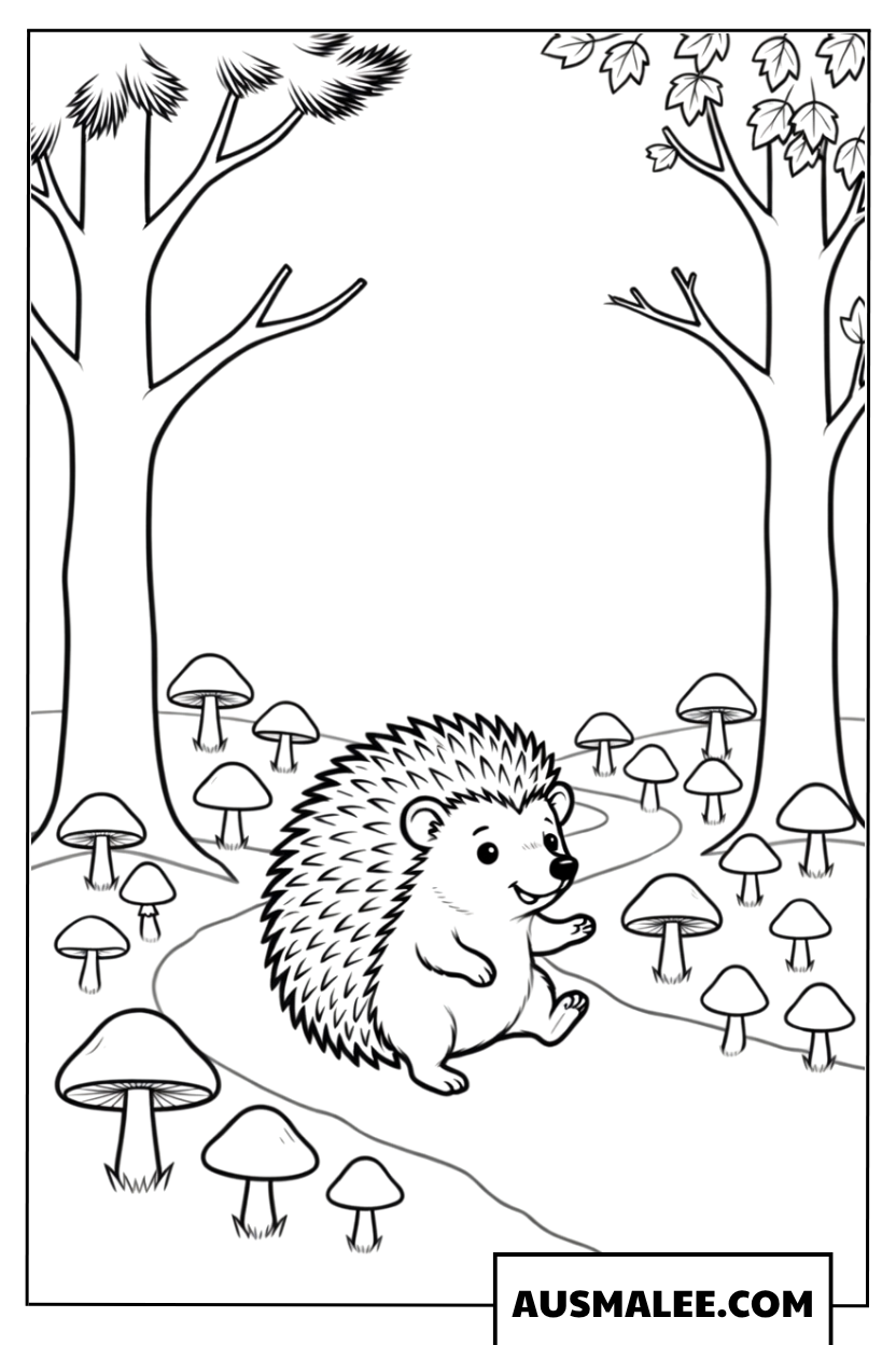 Igel auf einem von kleinen Pilzen gesäumten Pfad