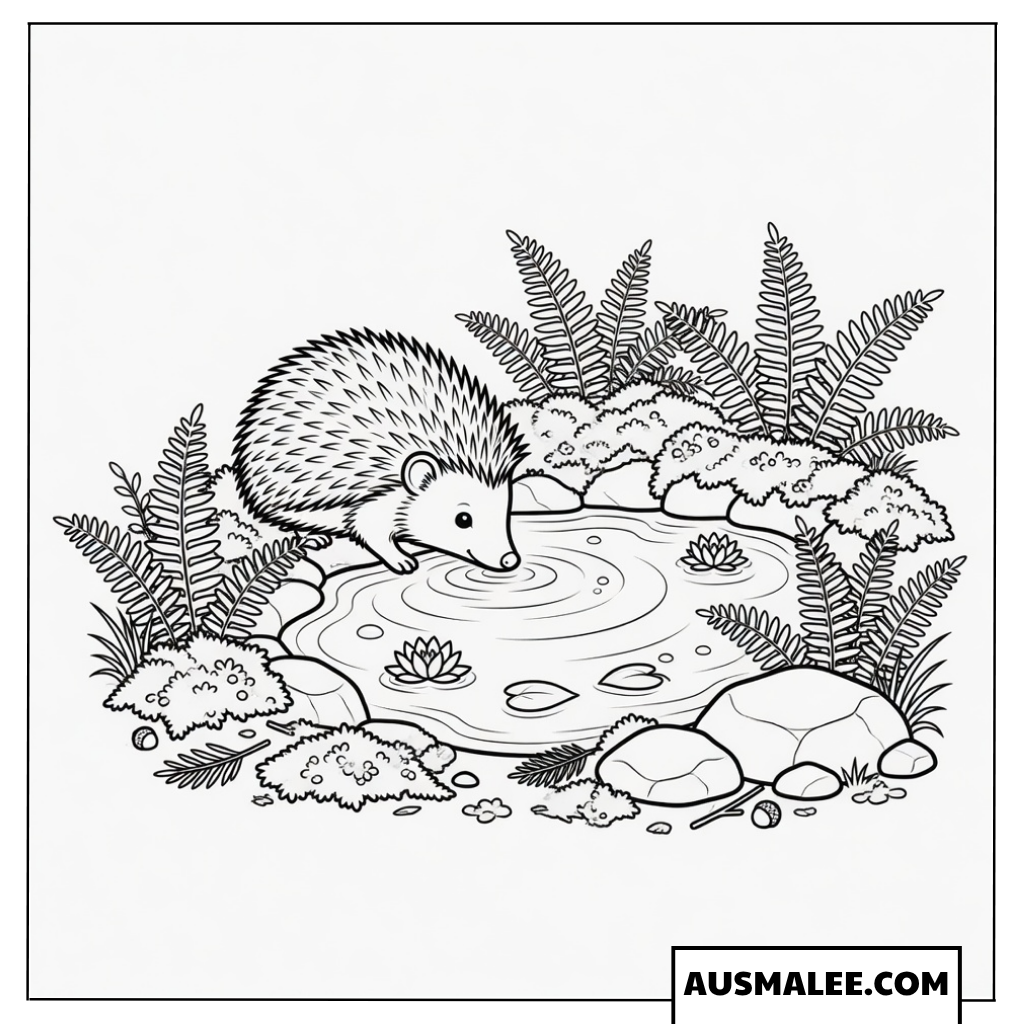 Igel Ausmalbild am Teich