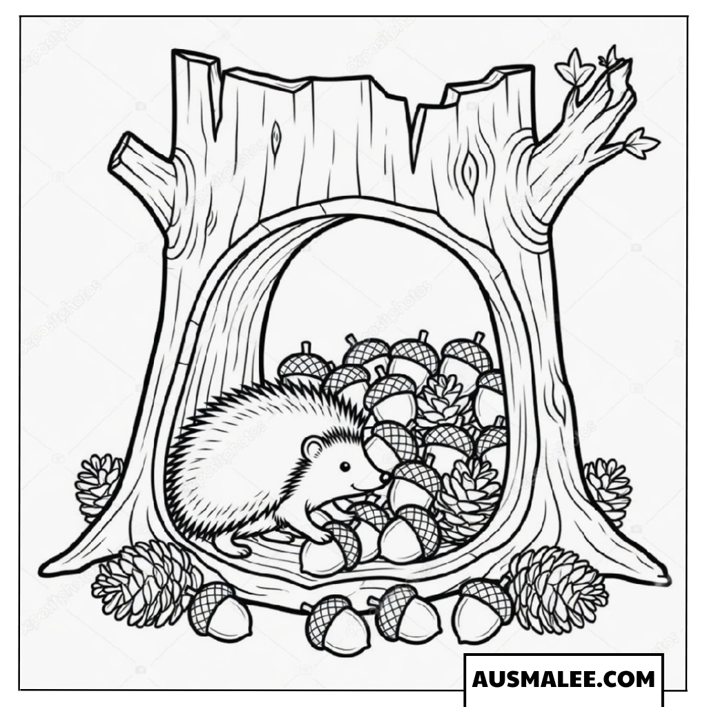 Igel Ausmalbild im Baumstumpf
