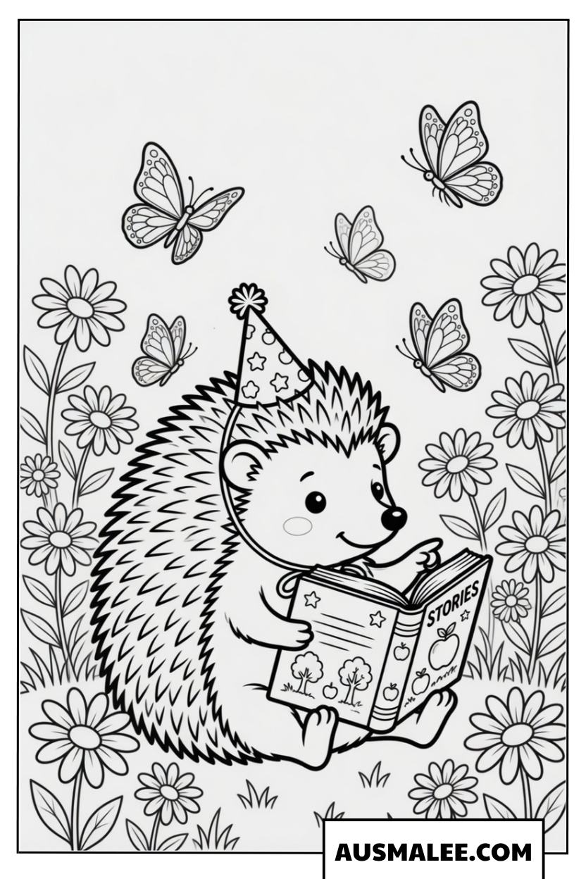 Igel Ausmalbild Lesen mit Schmetterlingen