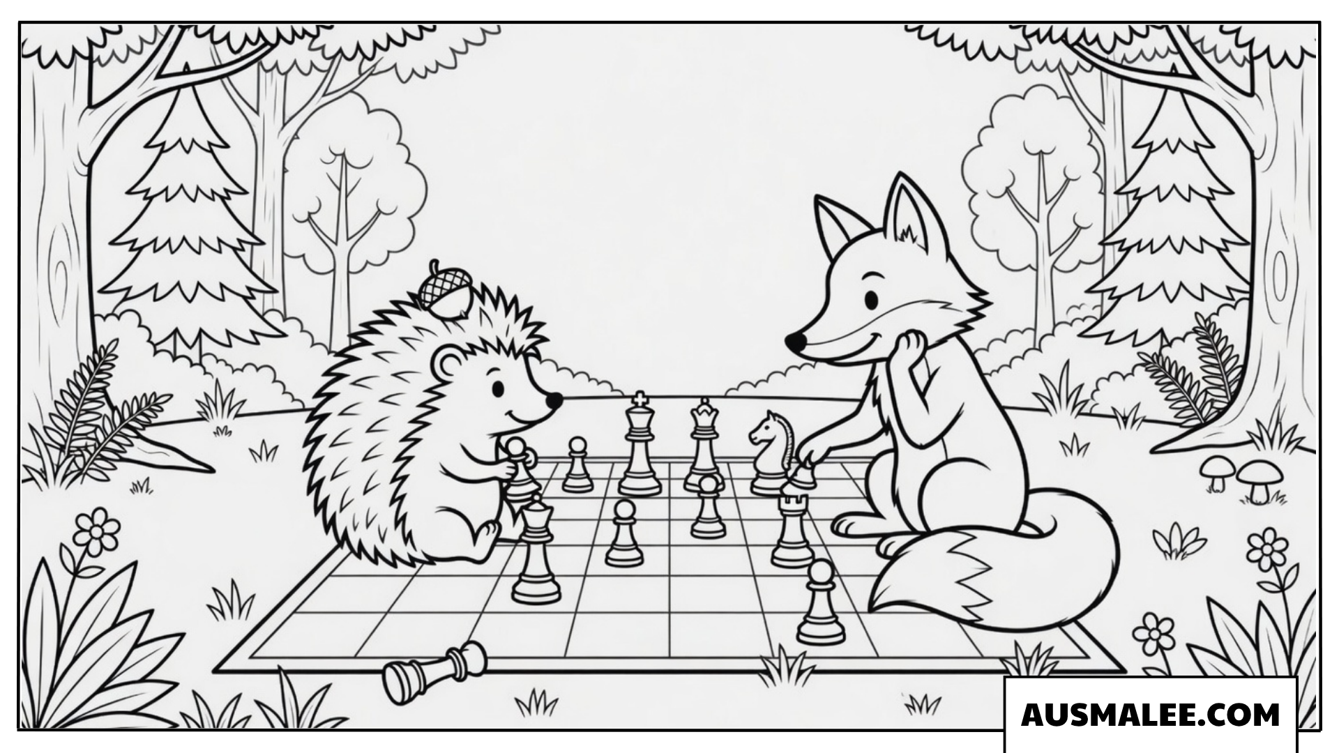 Igel Ausmalbild Schach mit Fuchs
