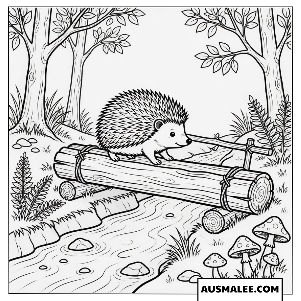 Igel Ausmalbild über die Brücke