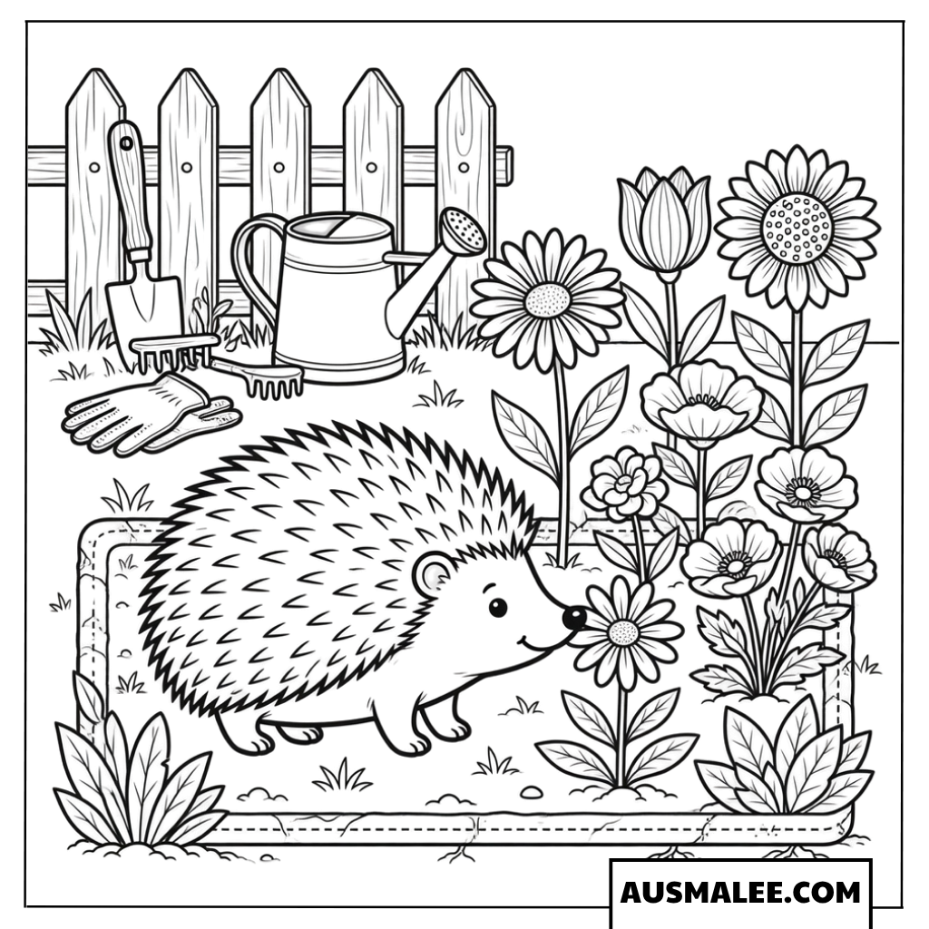 Igel im Garten neben Blumen und Werkzeugen