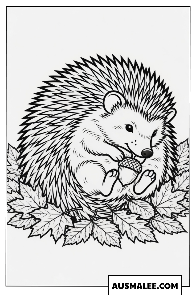 Igel im Herbstlaub mit Eichel