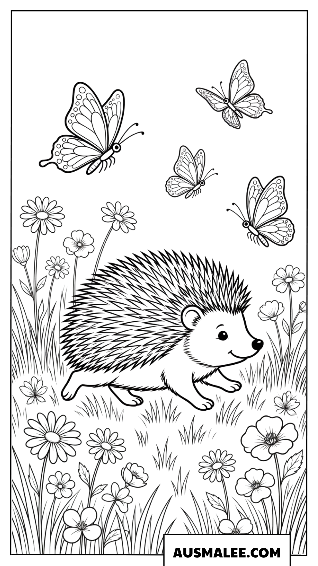 Igel läuft auf einer Wiese mit Schmetterlingen