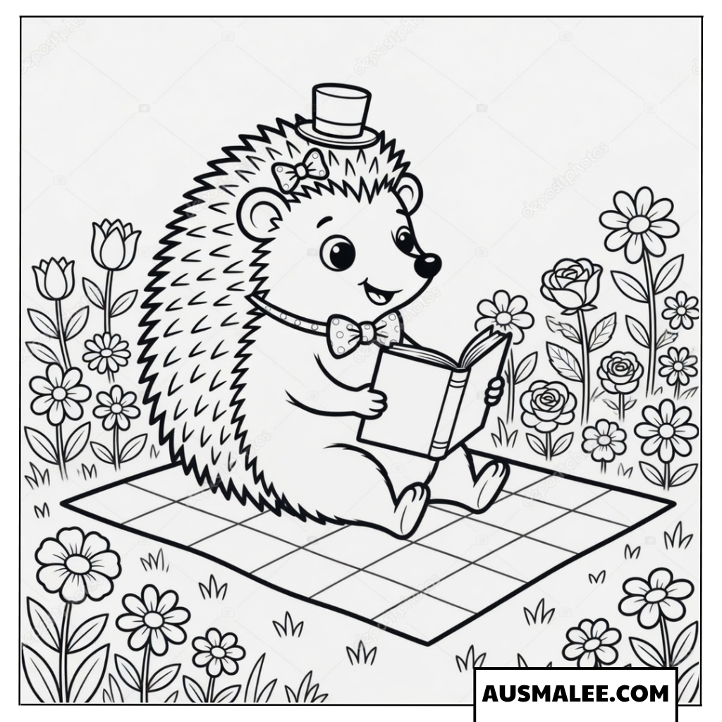 Igel liest ein Buch auf der Wiese