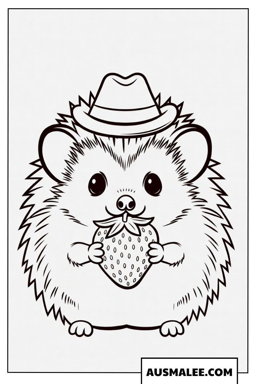 Igel mit Hut und Erdbeere