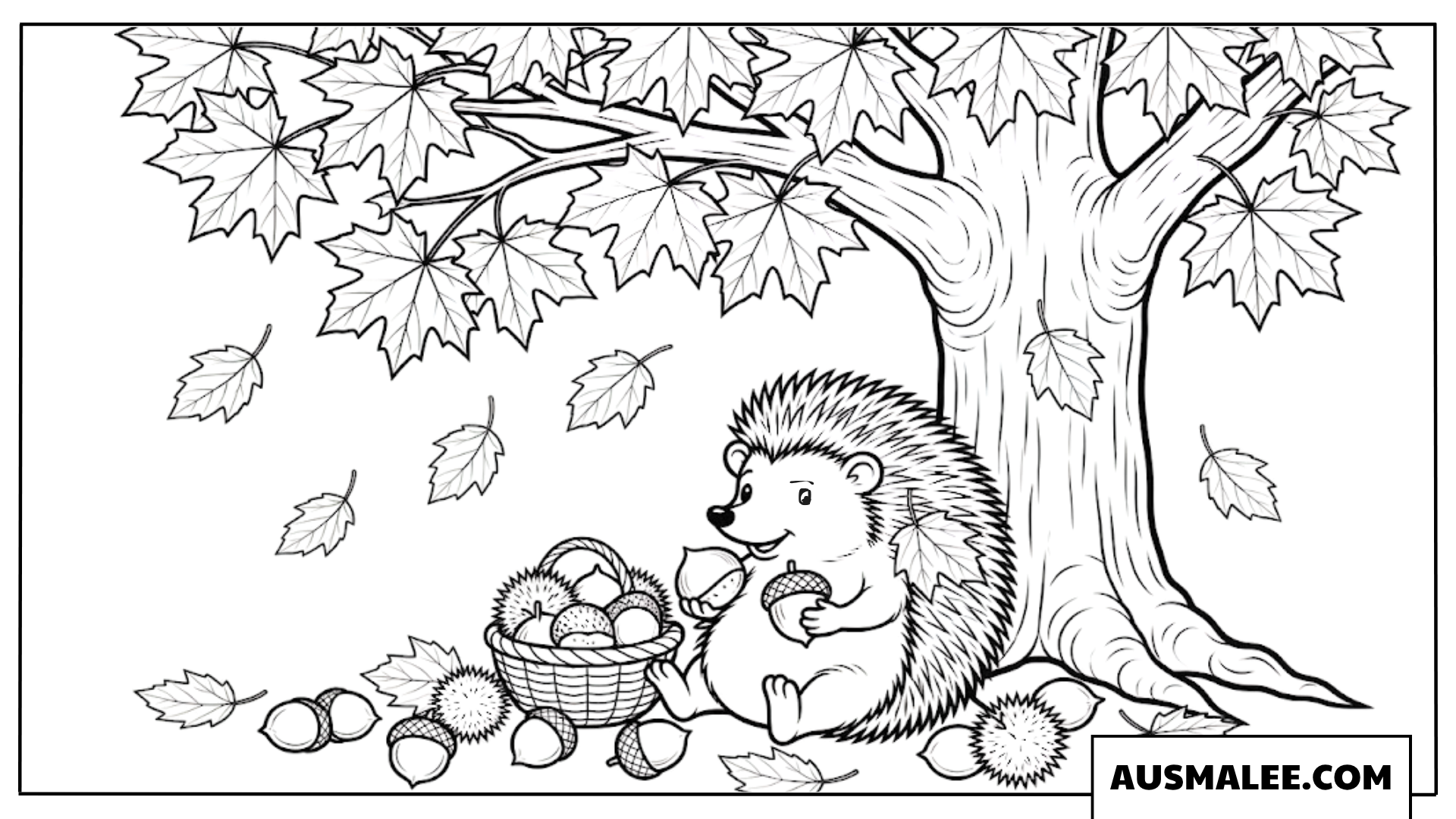 Igel sammelt Kastanien und Eicheln unter dem Baum