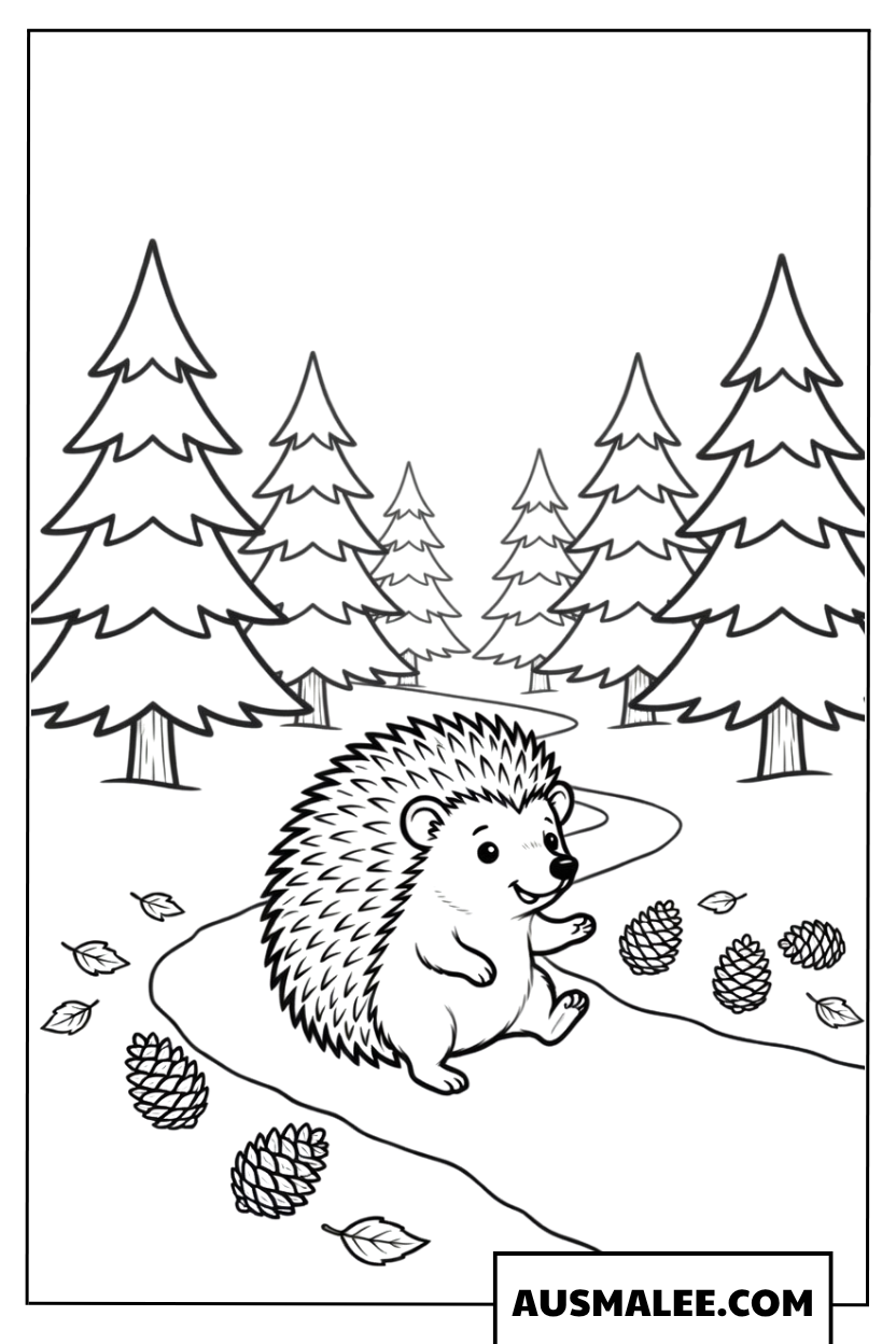 Igel spaziert auf einem Waldweg mit Tannenzapfen
