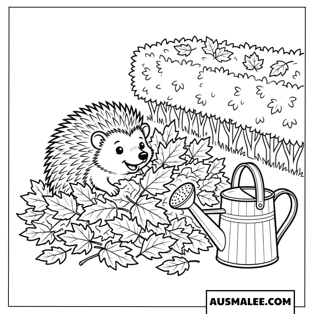 Igel spielt im Laubhaufen neben einer Gießkanne