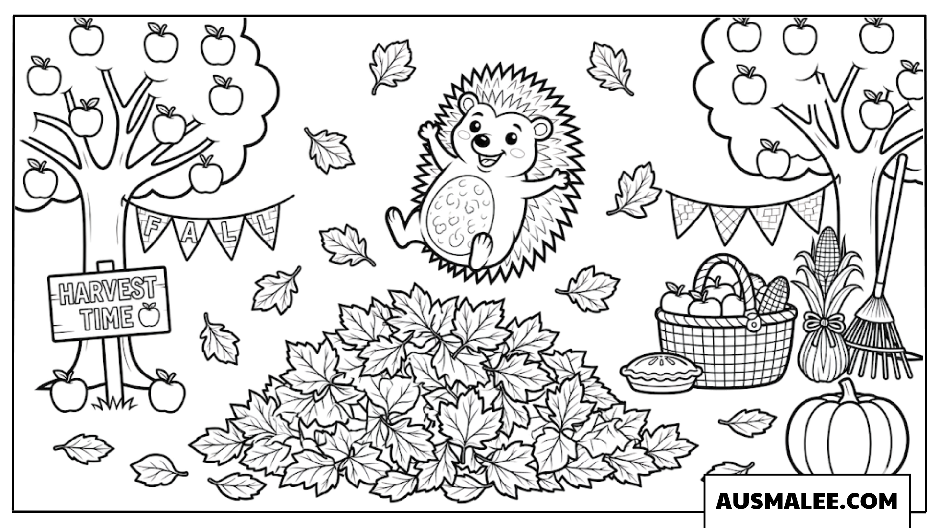 Igel springt fröhlich in den Laubhaufen