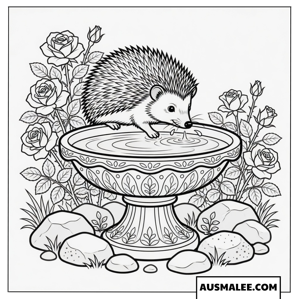 Igel trinkt aus einer Vogeltränke inmitten von Rosen