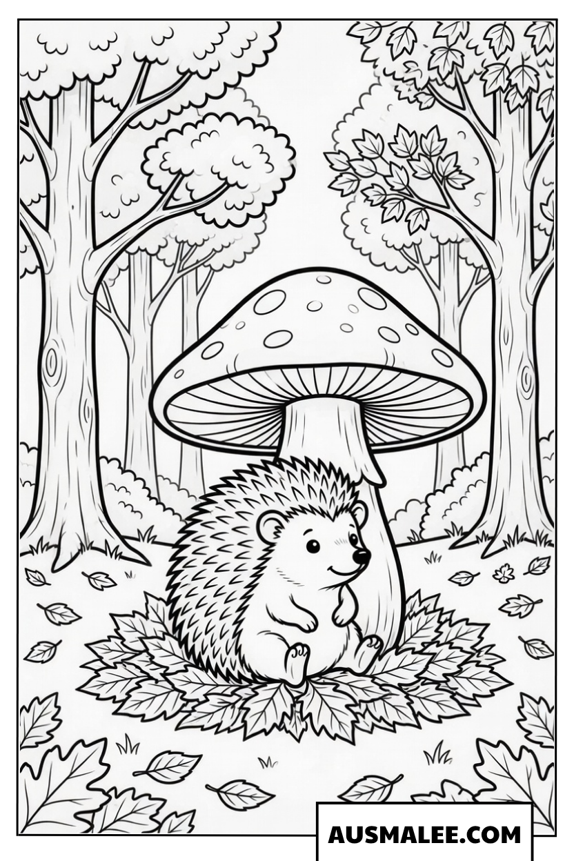 Igel unter einem großen Pilz im Wald