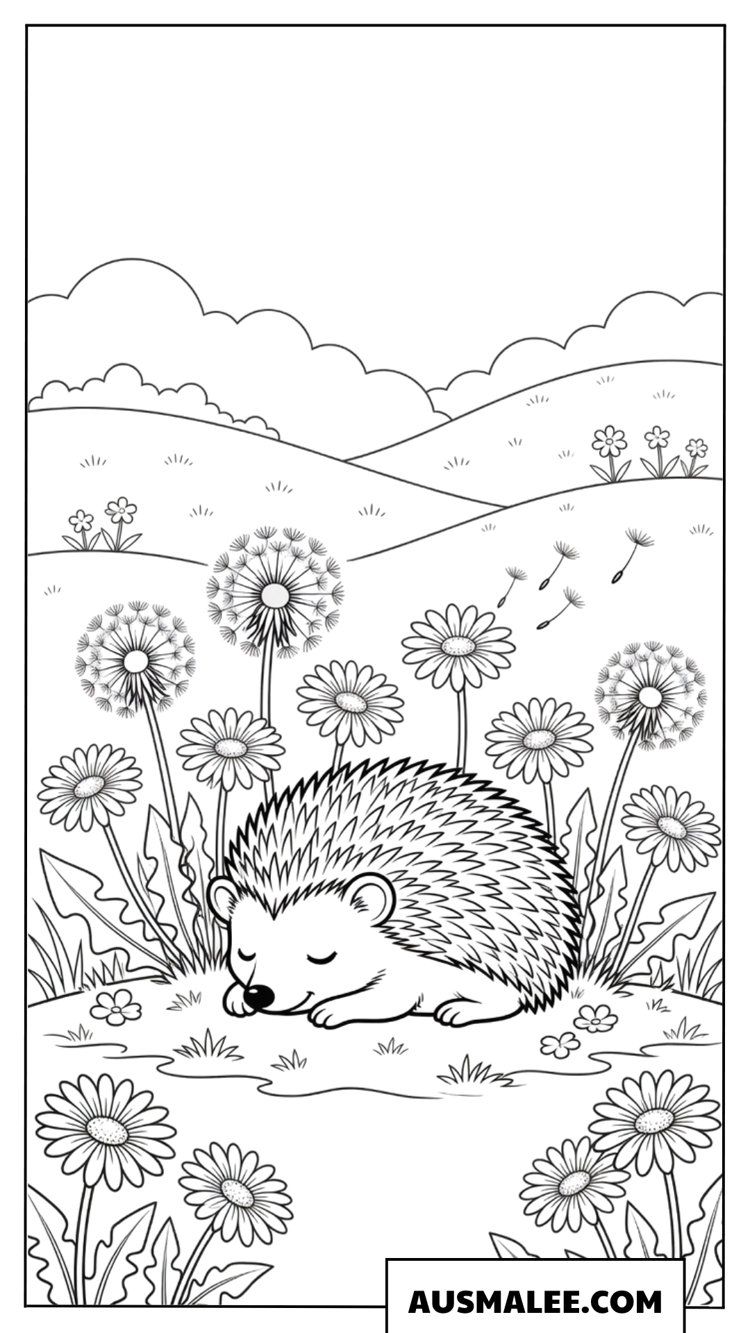 Schlafender Igel auf einer Löwenzahn-Wiese