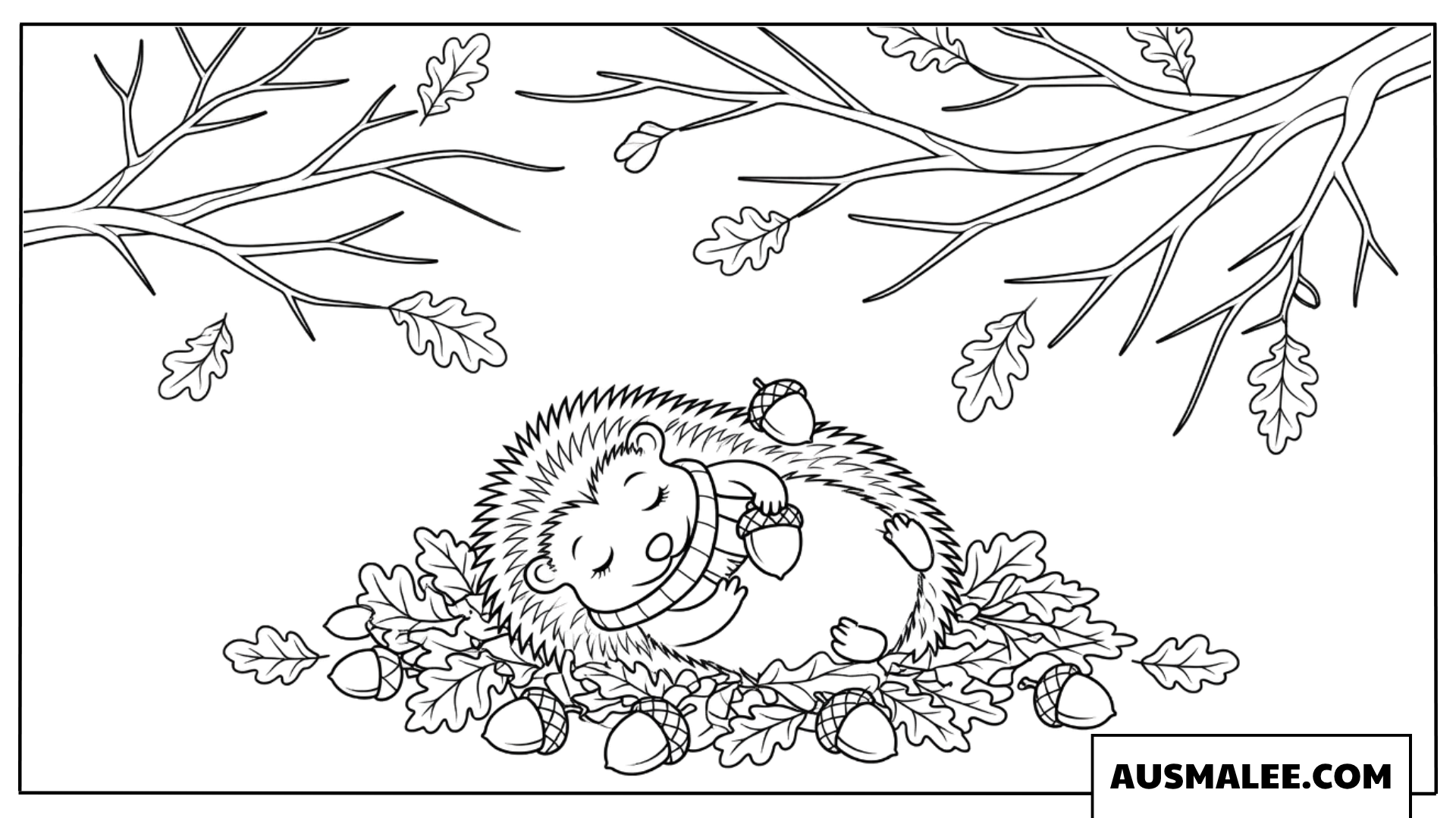 Schlafender Igel mit Schal im Blätterbett