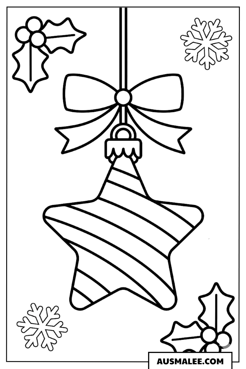 Weihnachtsstern mit Schleife und Stechpalme Ausmalbild desc: Ein gestreifter Weihnachtsstern hängt als Baumschmuck mit großer Schleife, Stechpalme und Schneeflocken.