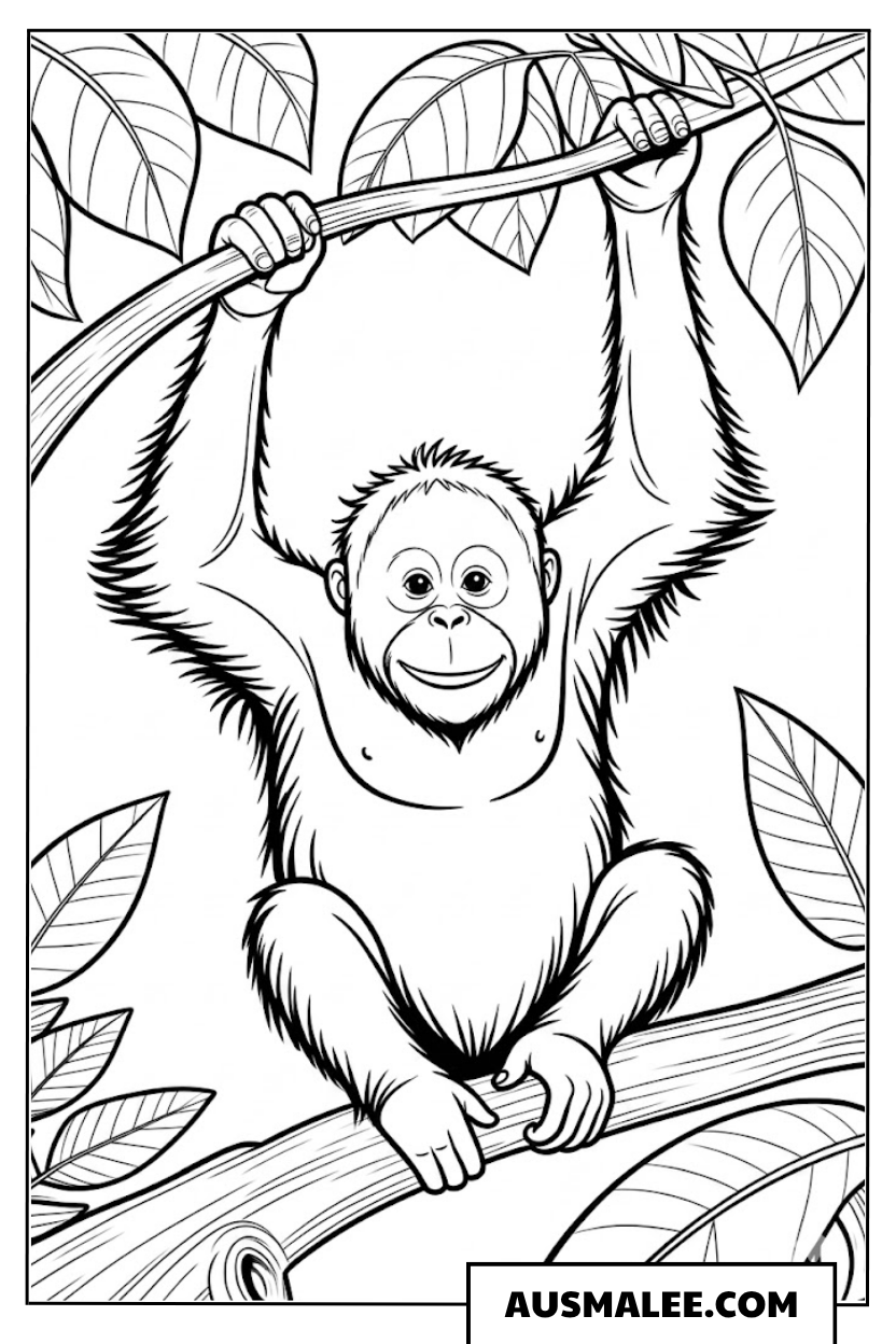 Affe hängt am Ast ausmalbild