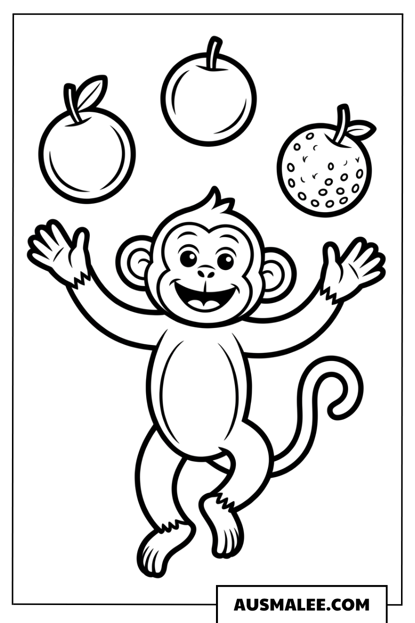 Affe jongliert mit Obst ausmalbild
