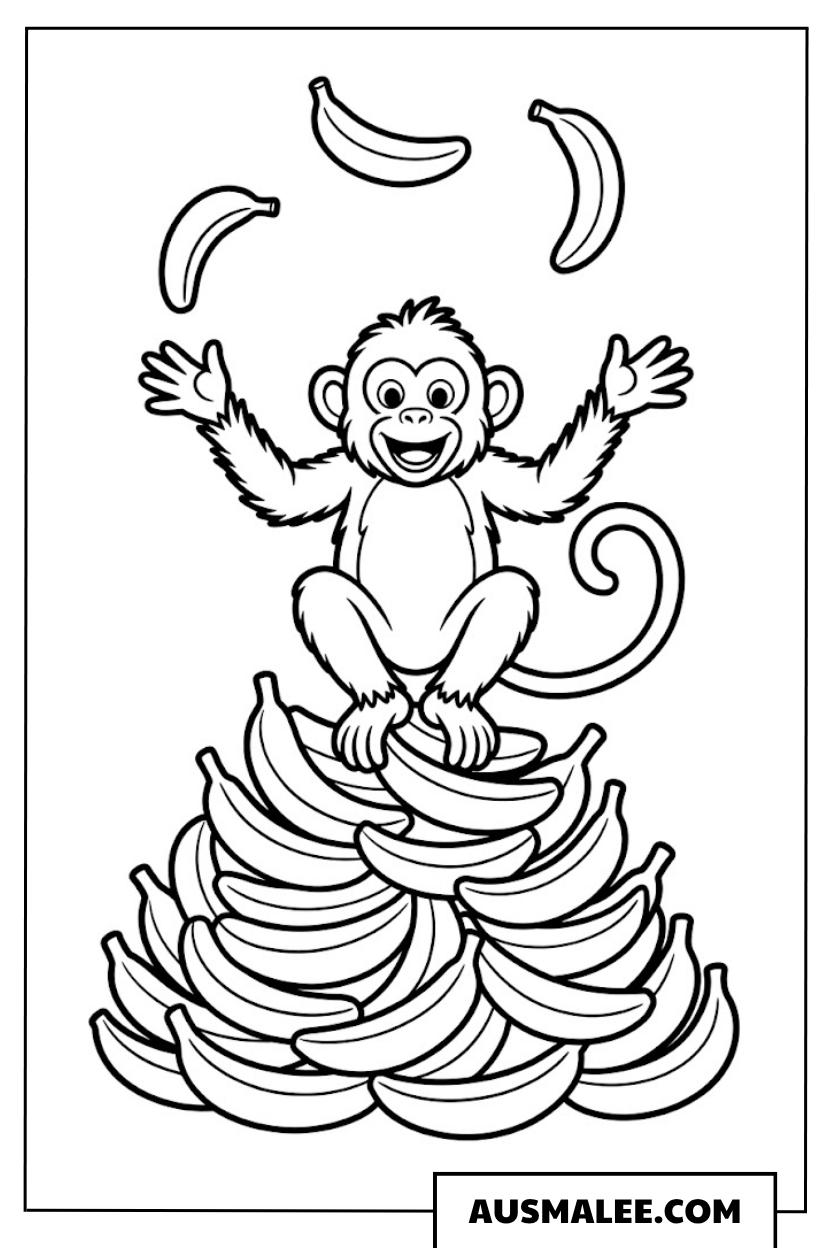 Affe mit Bananenstapel ausmalbild