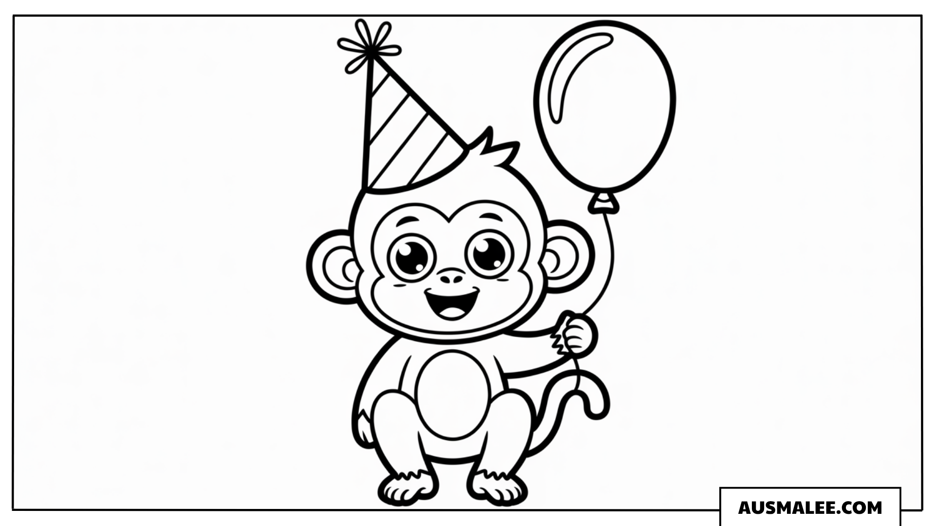 Affe mit Partyhut und Ballon ausmalbild