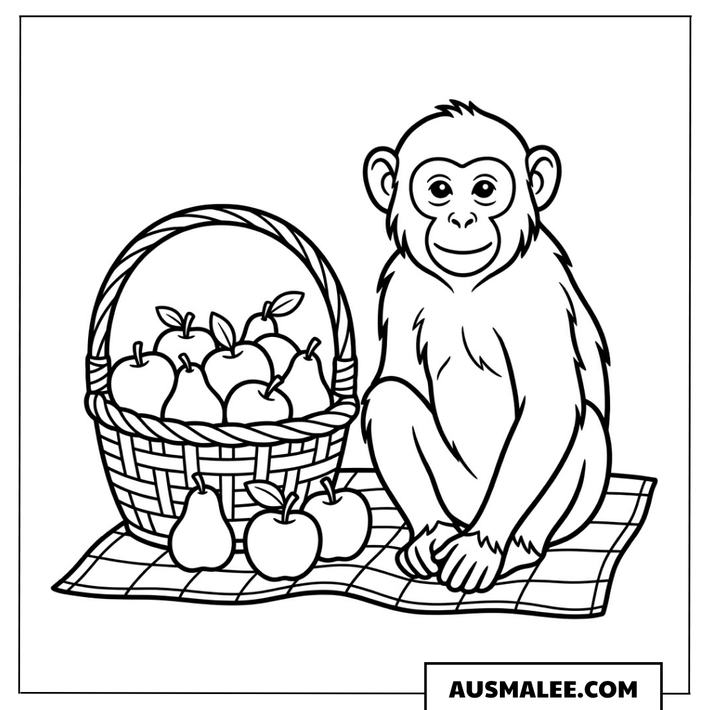Affe mit Picknickkorb ausmalbild