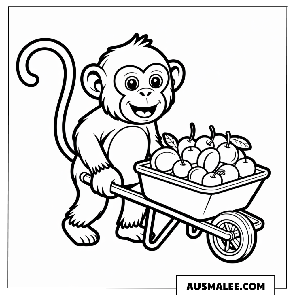 Affe mit Schubkarre voller Obst ausmalbild