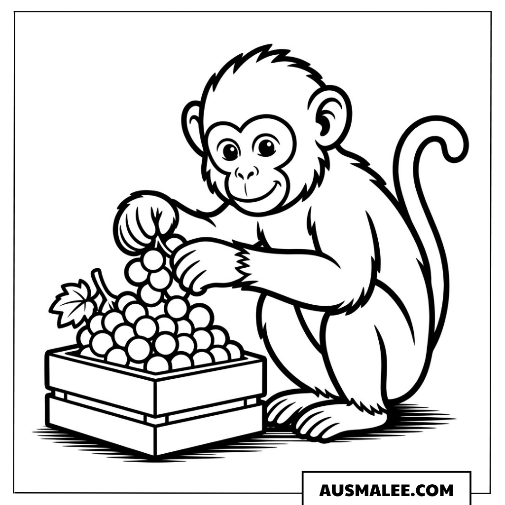 Affe sortiert Obst ausmalbild