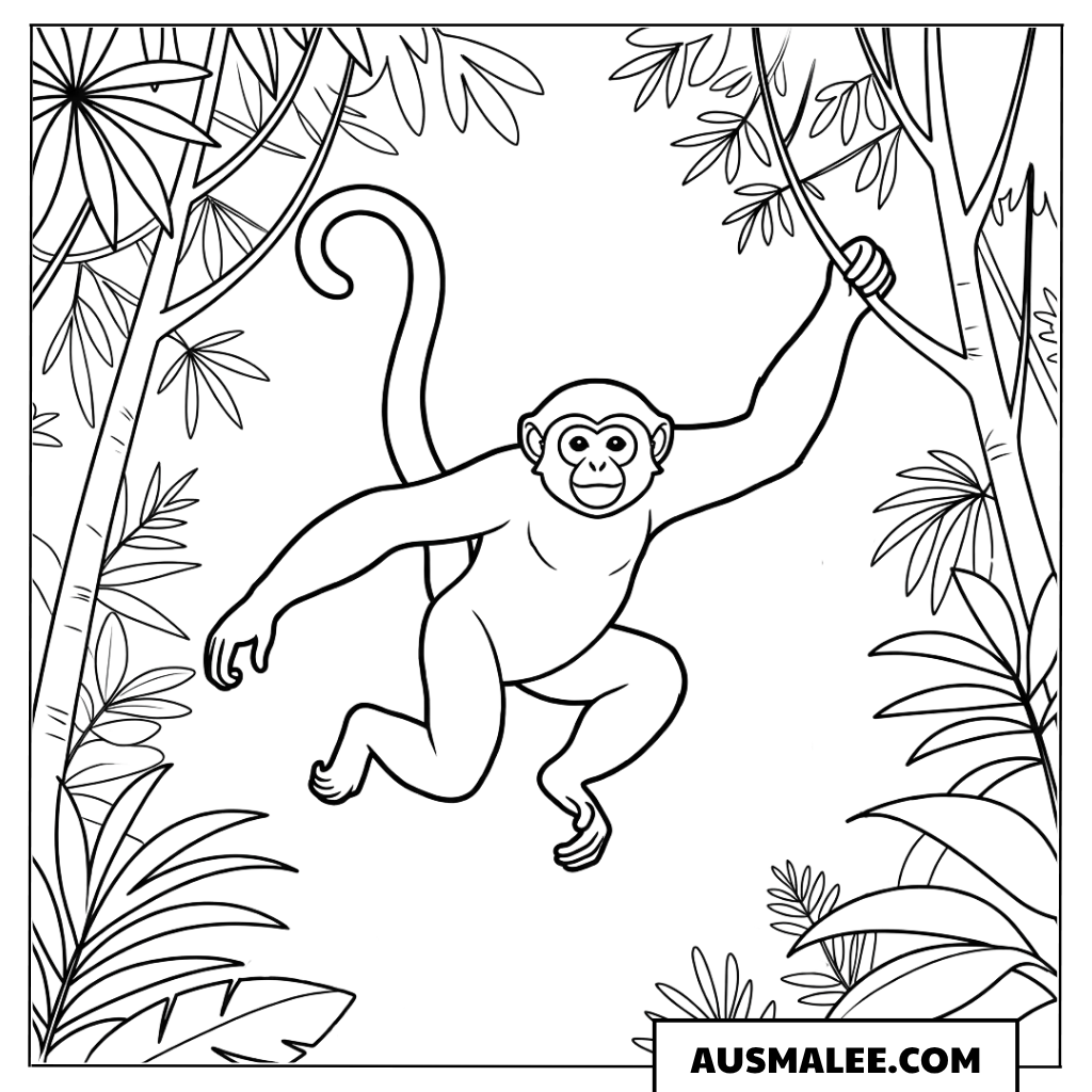 Affe springt durch den Dschungel ausmalbild