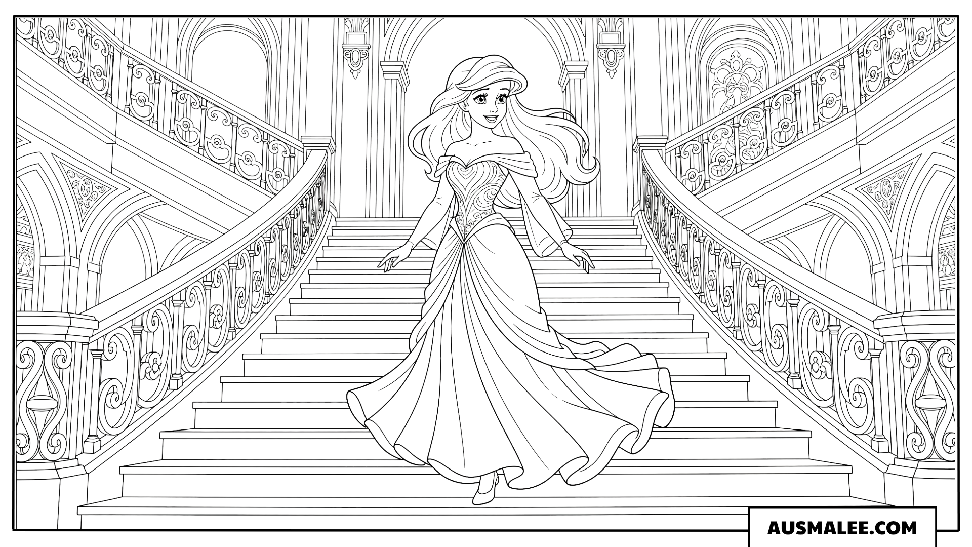 Arielle auf der großen Treppe ausmalbild