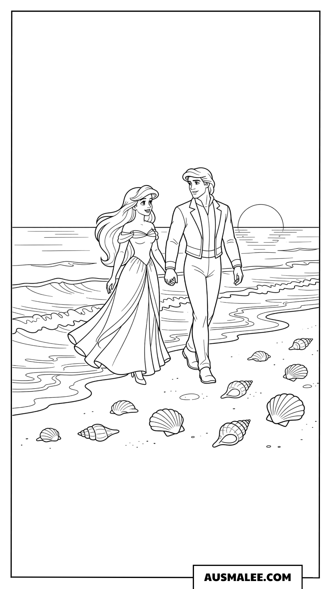 Arielle und Prinz Erik am Strand ausmalbild