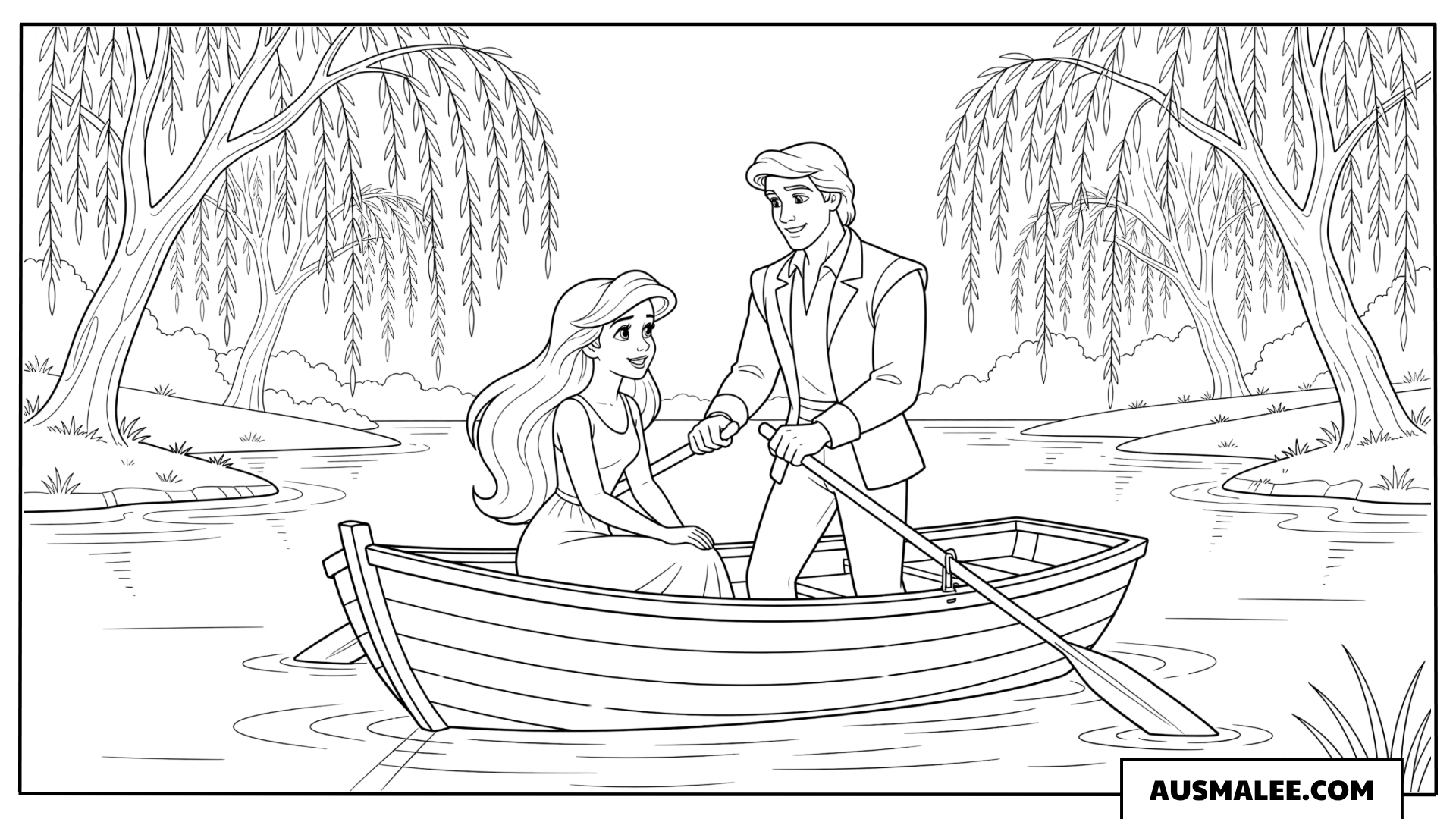 Arielle und Prinz Erik im Boot ausmalbild