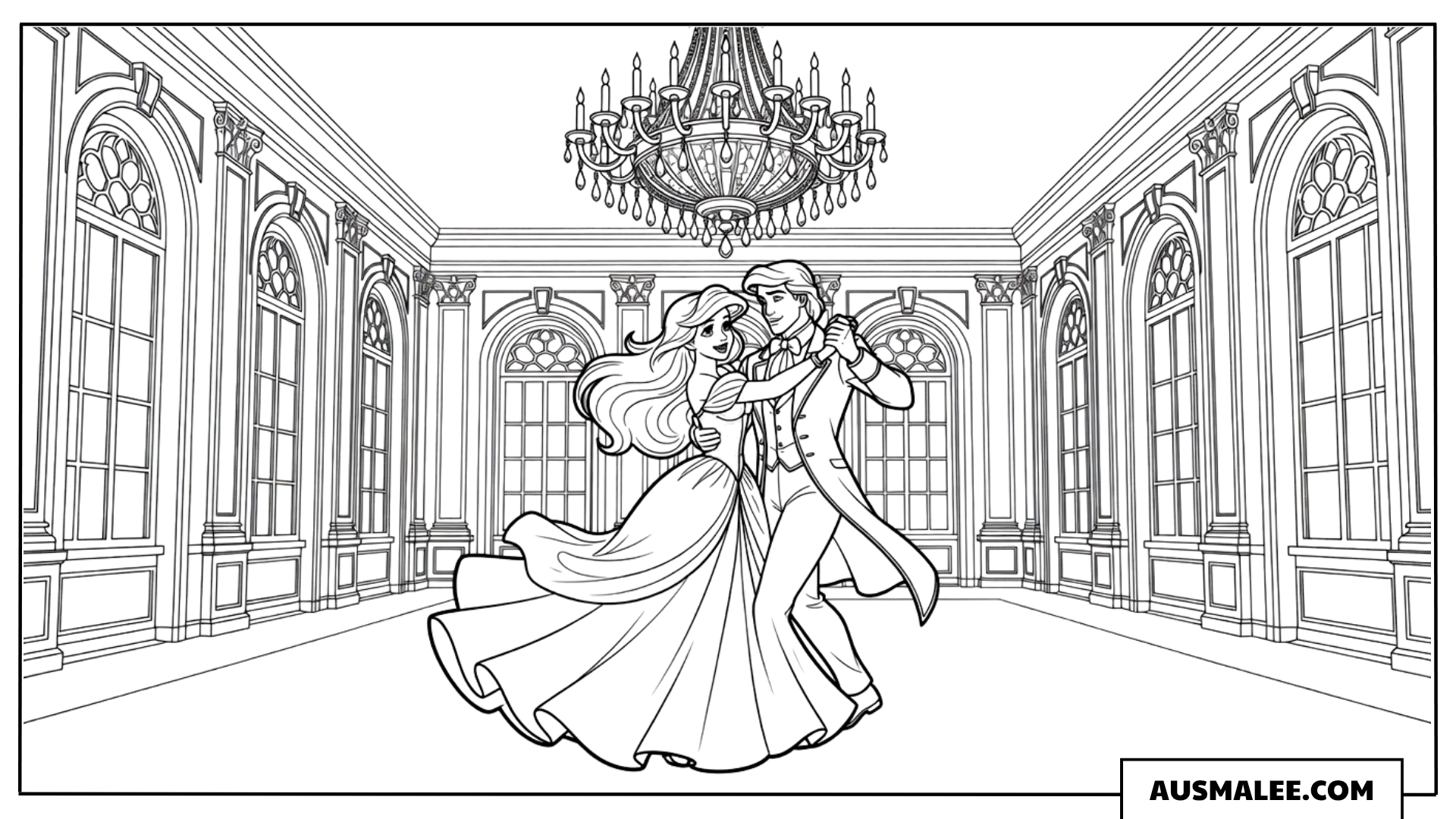 Arielle und Prinz Erik tanzen im Schloss ausmalbild