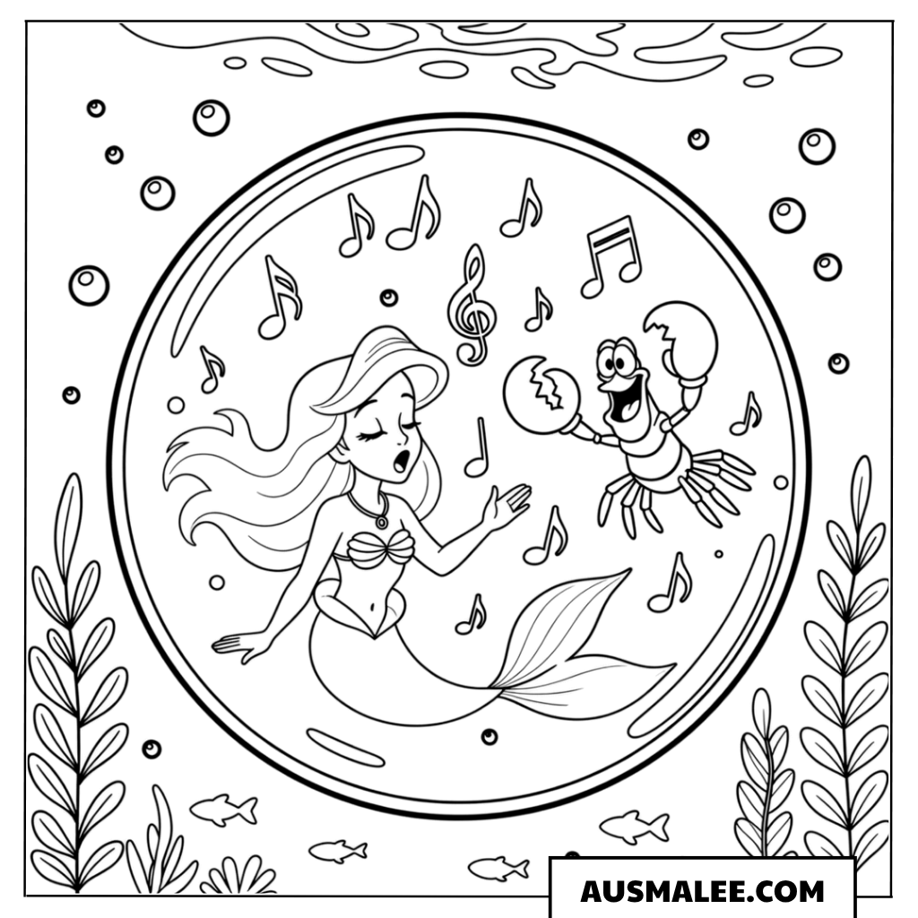 Arielle und Sebastian im Musik-Kreis ausmalbild