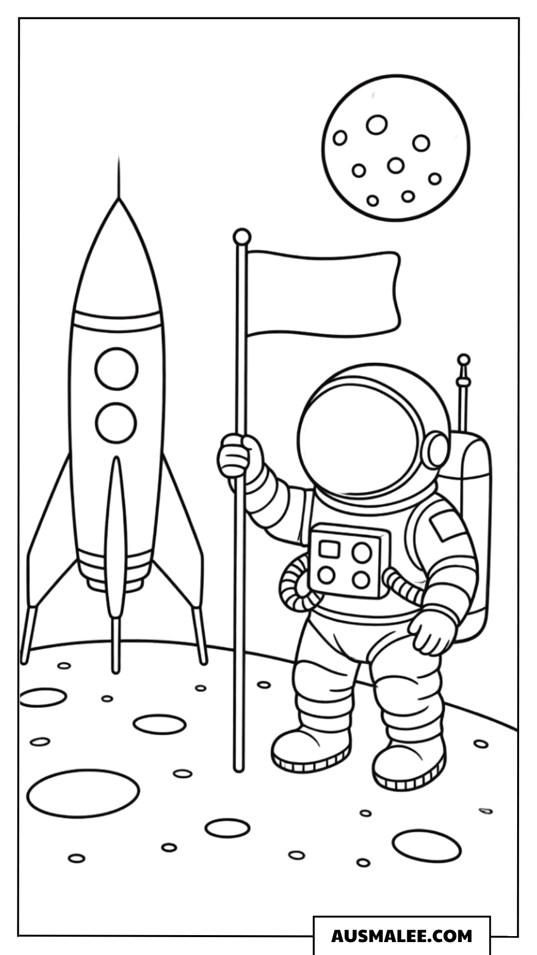 Astronaut mit Rakete auf dem Mond Ausmalbild
