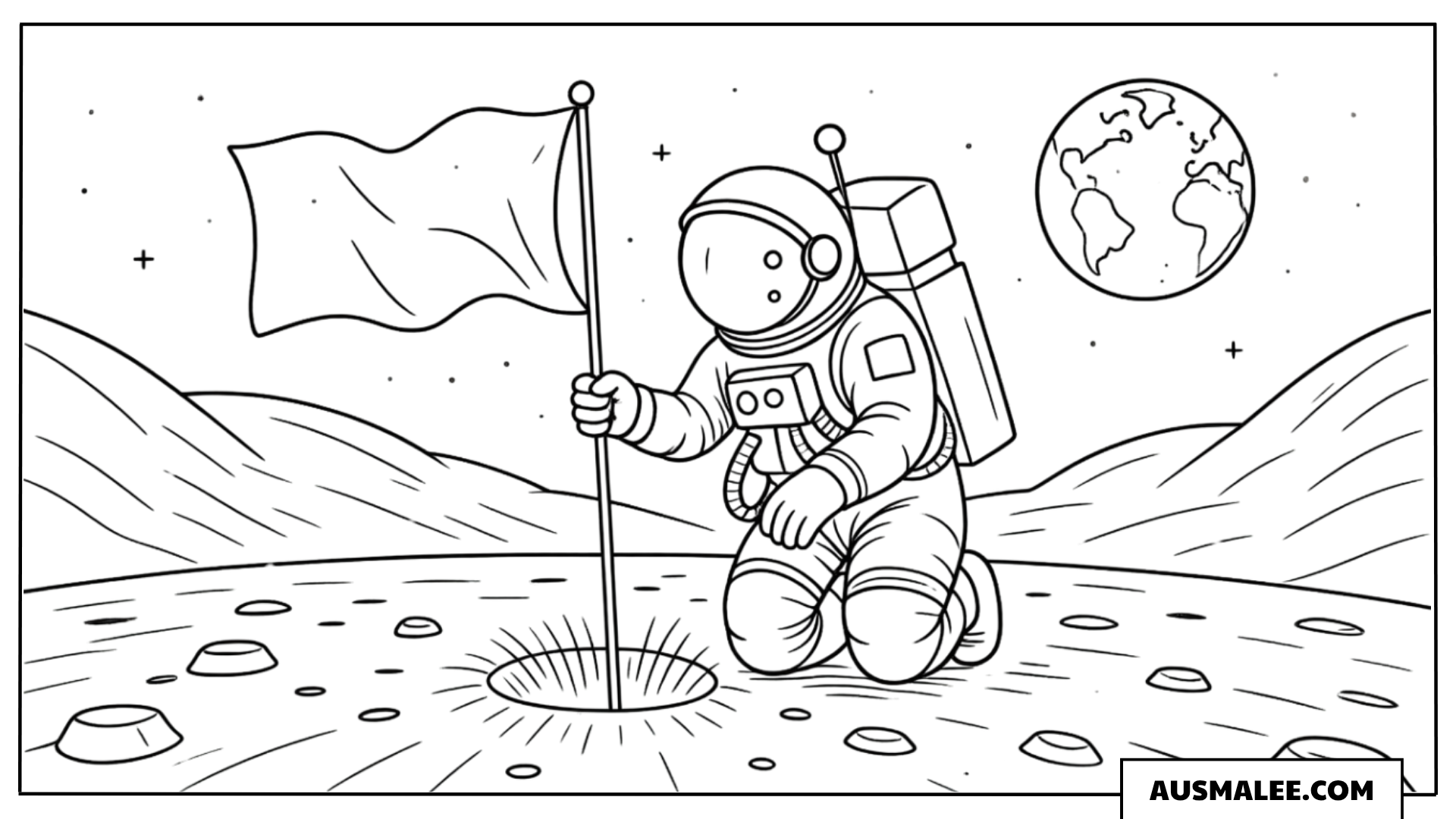 Astronaut pflanzt Flagge auf dem Mond Ausmalbild