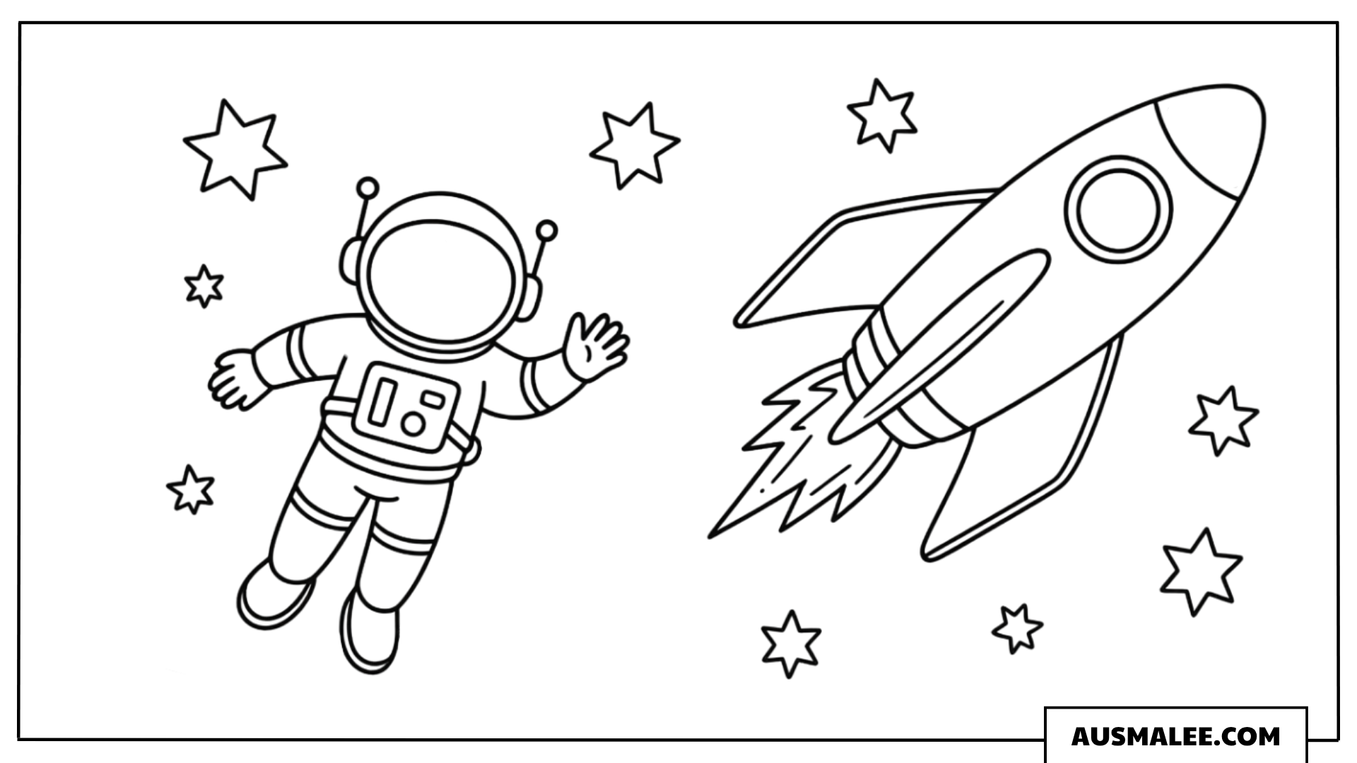 Astronaut und Rakete im Weltraum Ausmalbild