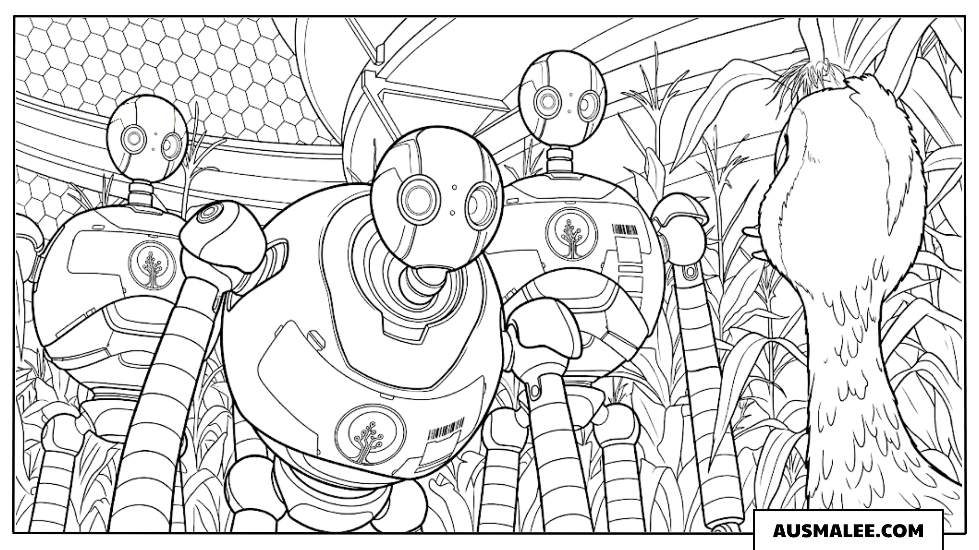 Ausmalbild Andere Roboter starren Brightbill an in Der wilde Roboter