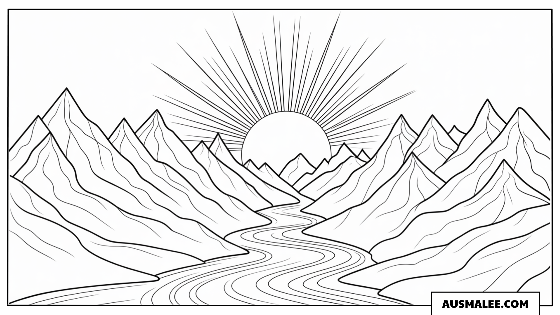 Ausmalbild Aufgehende Sonne über Bergen und Fluss