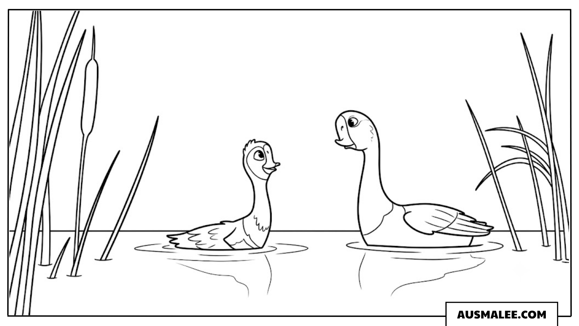 Ausmalbild Brightbill schwimmt mit einer Gans am See in Der wilde Roboter