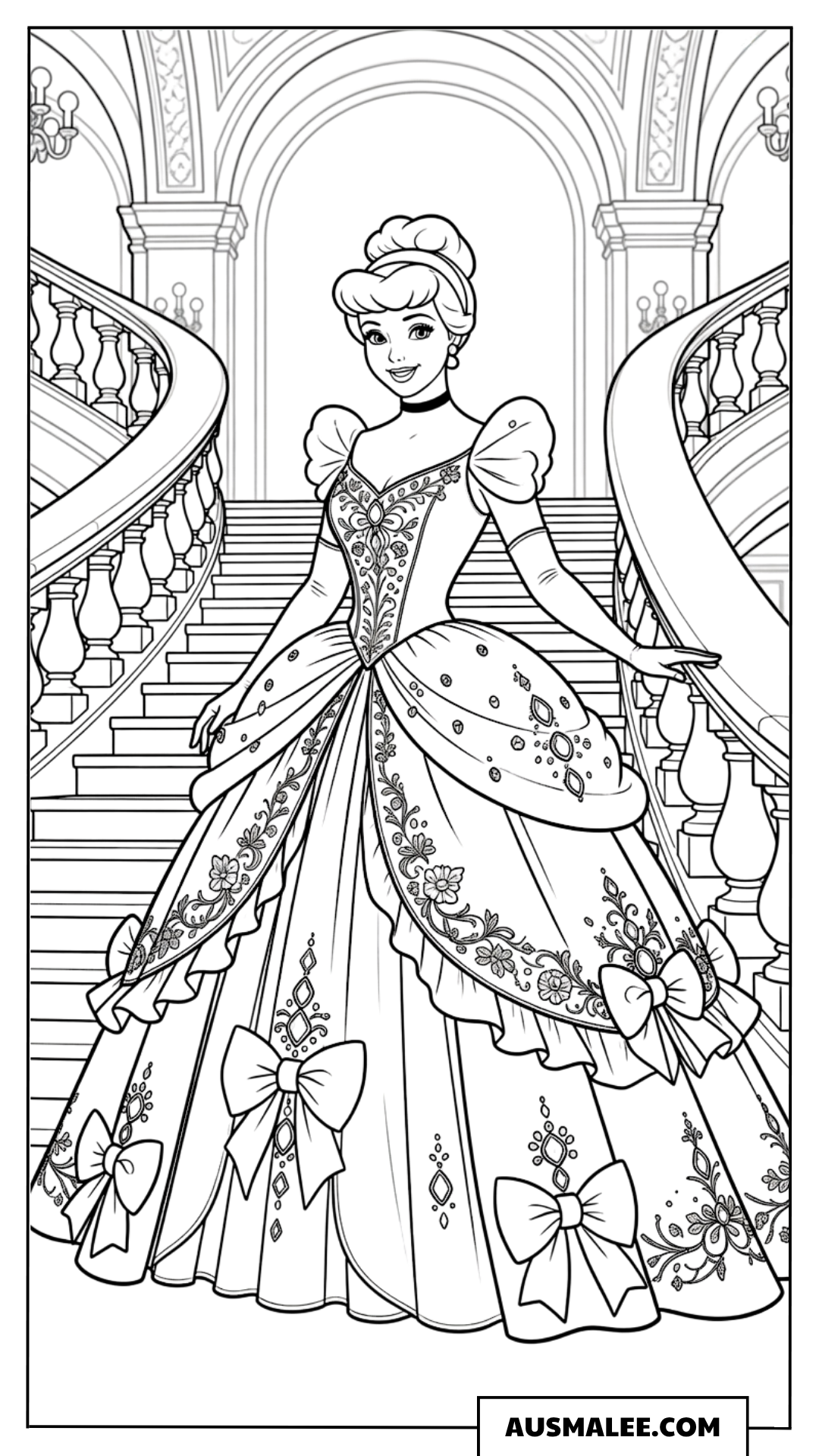 Ausmalbild Cinderella auf der Treppe