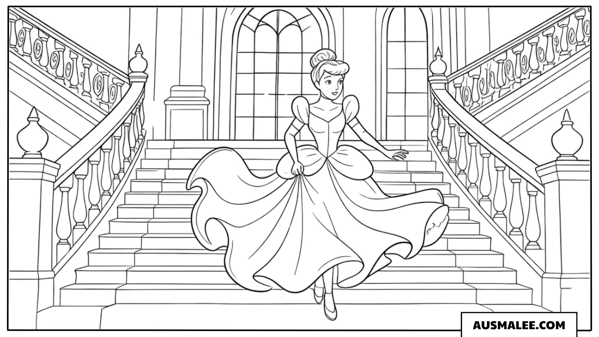 Ausmalbild Cinderella auf der großen Treppe