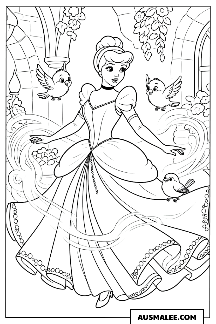 Ausmalbild Cinderella mit Vögeln