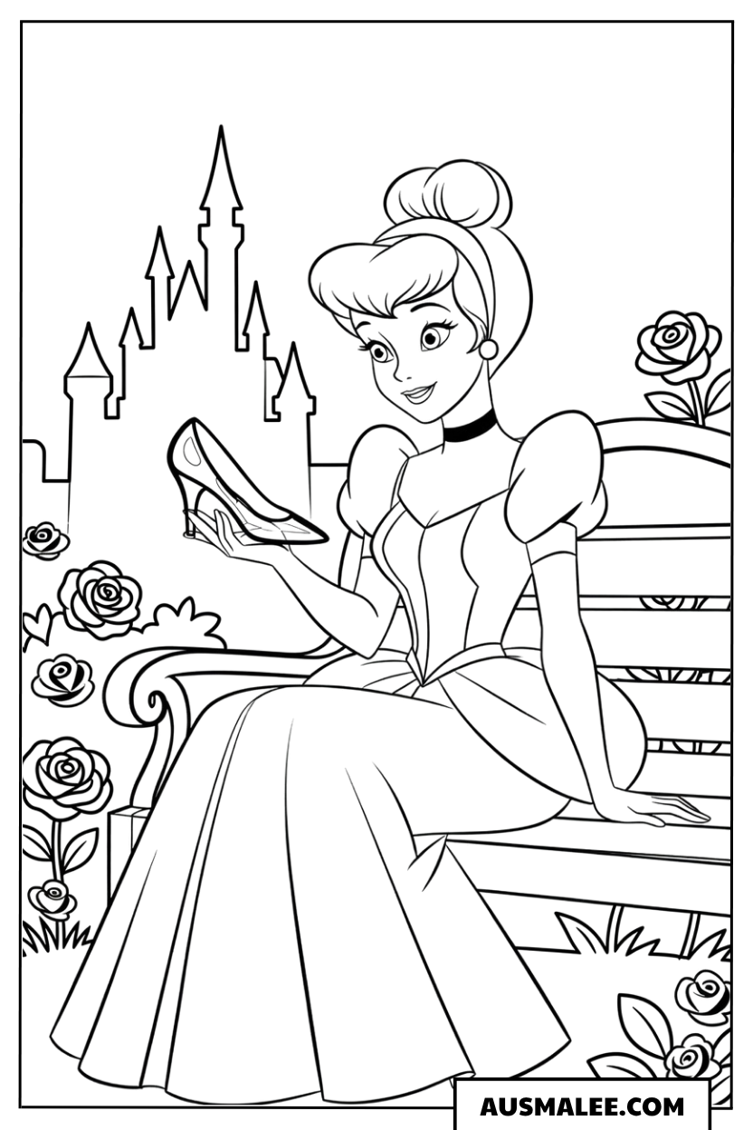 Ausmalbild Cinderella mit gläsernem Schuh
