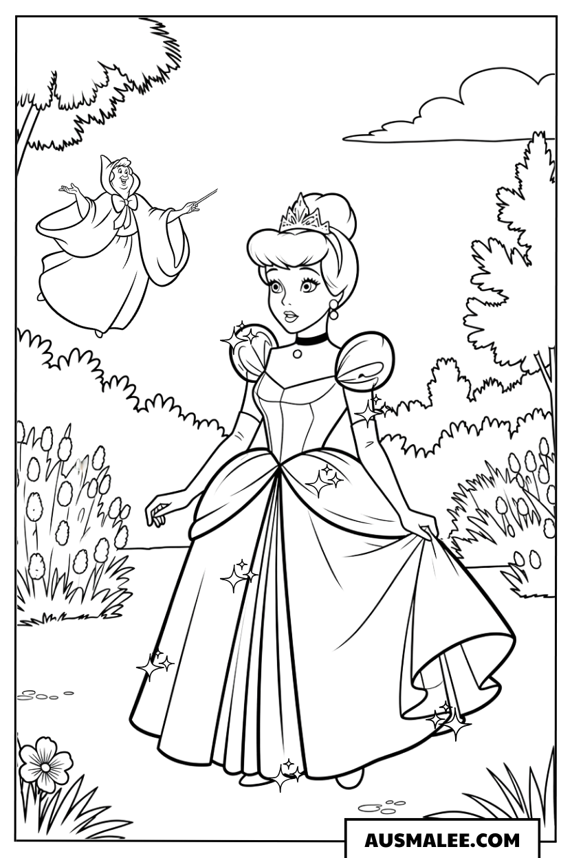 Ausmalbild Cinderella mit guter Fee
