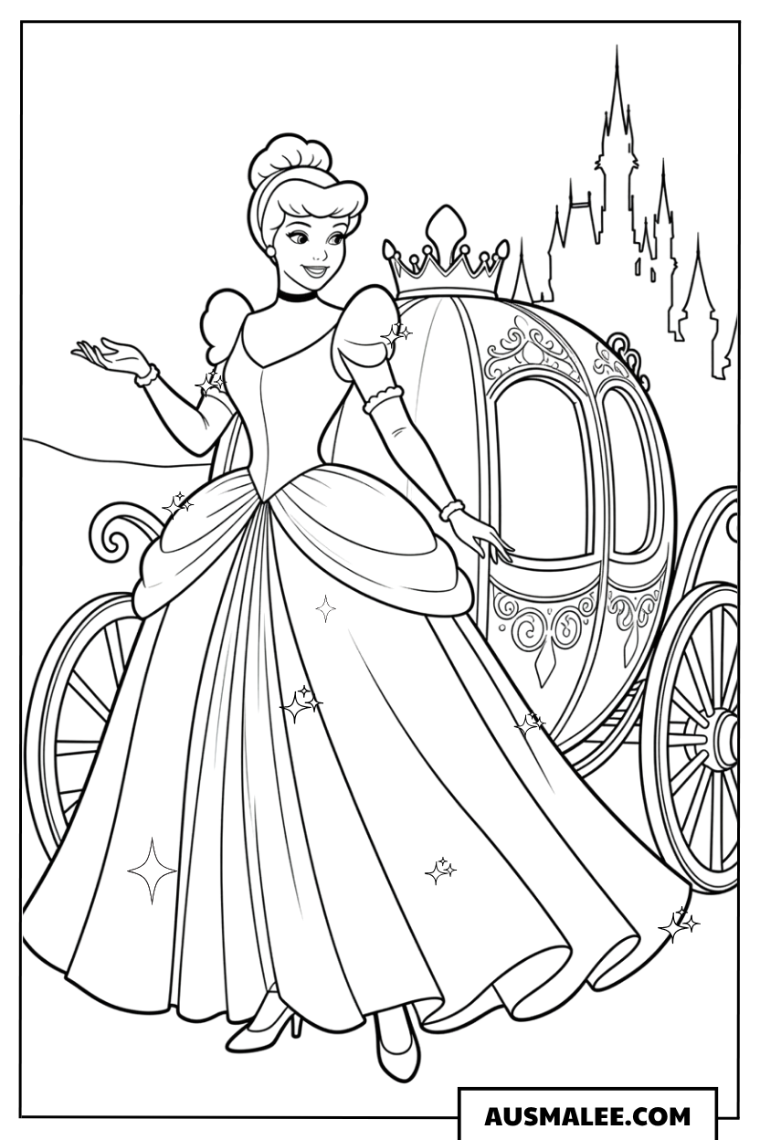 Ausmalbild Cinderella neben der Kutsche