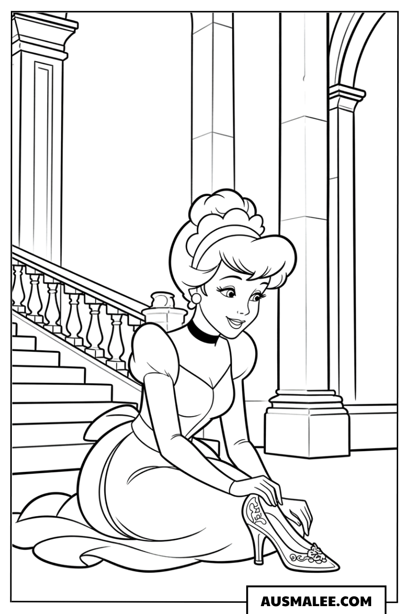 Ausmalbild Cinderella probiert den gläsernen Schuh