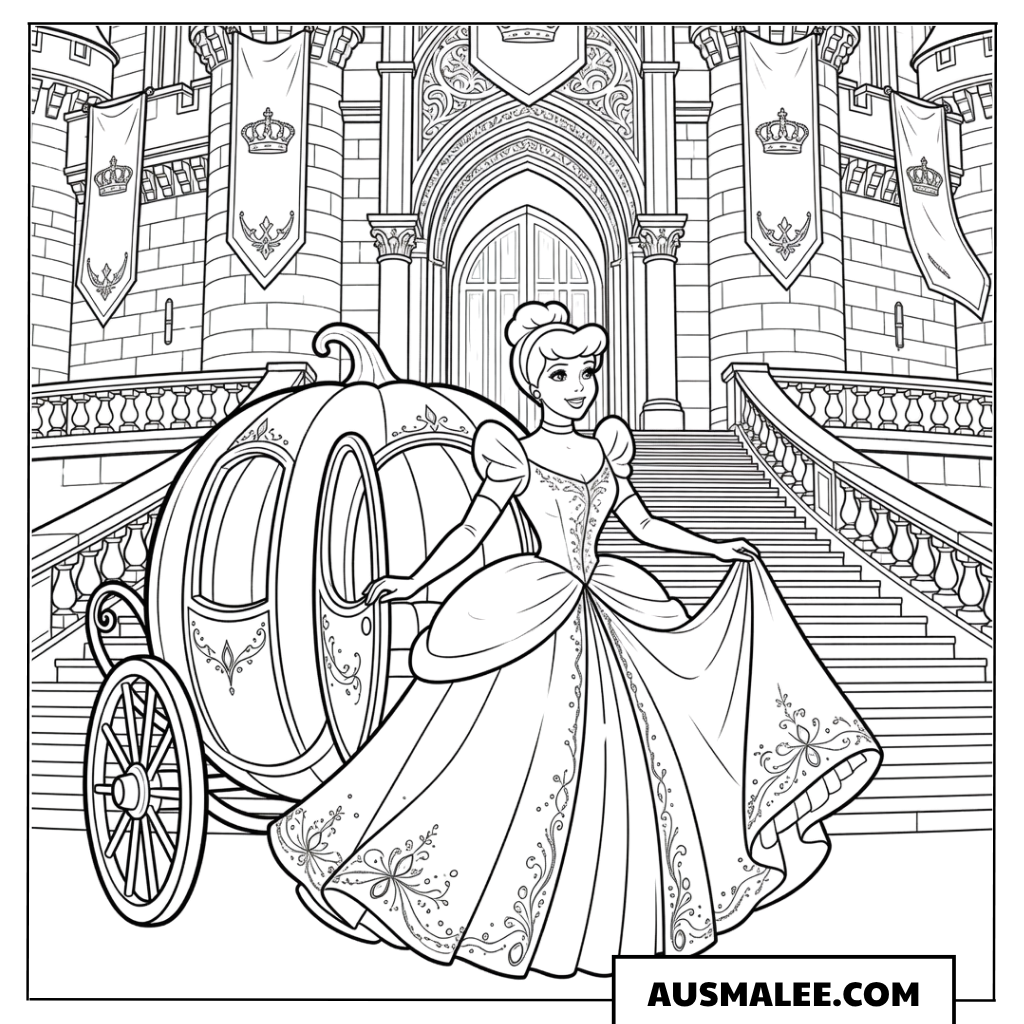 Ausmalbild Cinderella steigt in die Kutsche